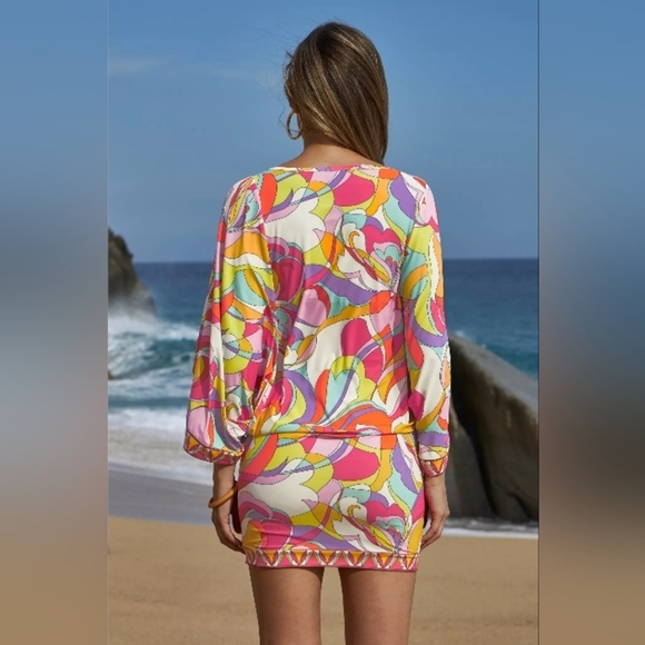 Boston Proper Sunset Waves Swim Cover-Up Dress Size XS Dolman Sleeve Colorful - Picture 2 of 11